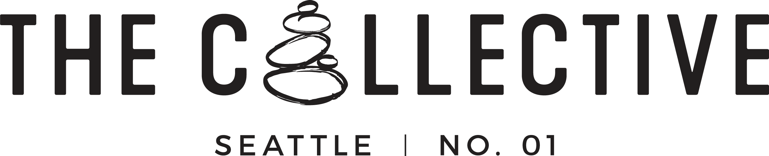 The Collective logo. The name Collective is black with layered up rocks as an